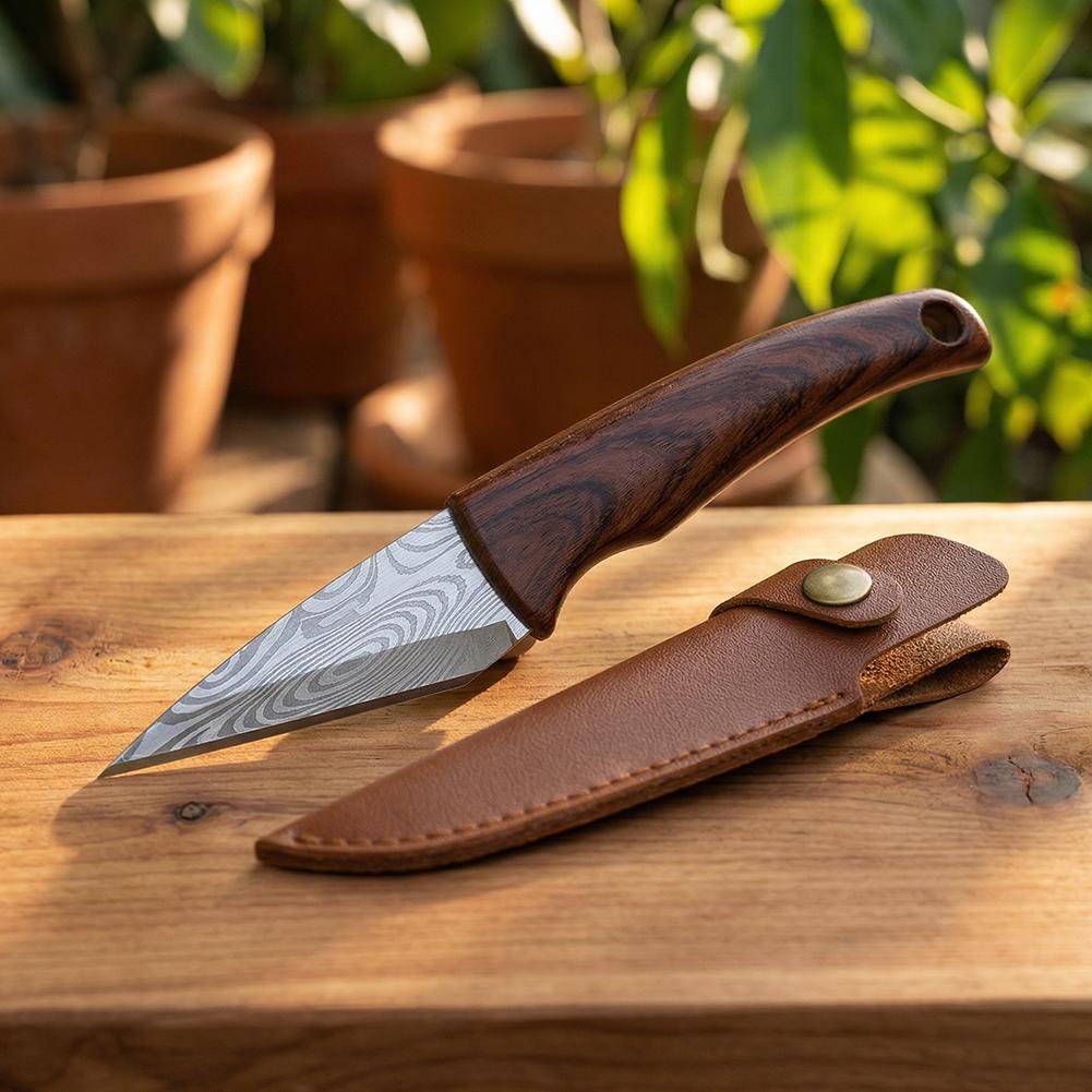 Bonsai Tool Set - سكين تطعيم بمقابض خشبية وغلاف جلدي،